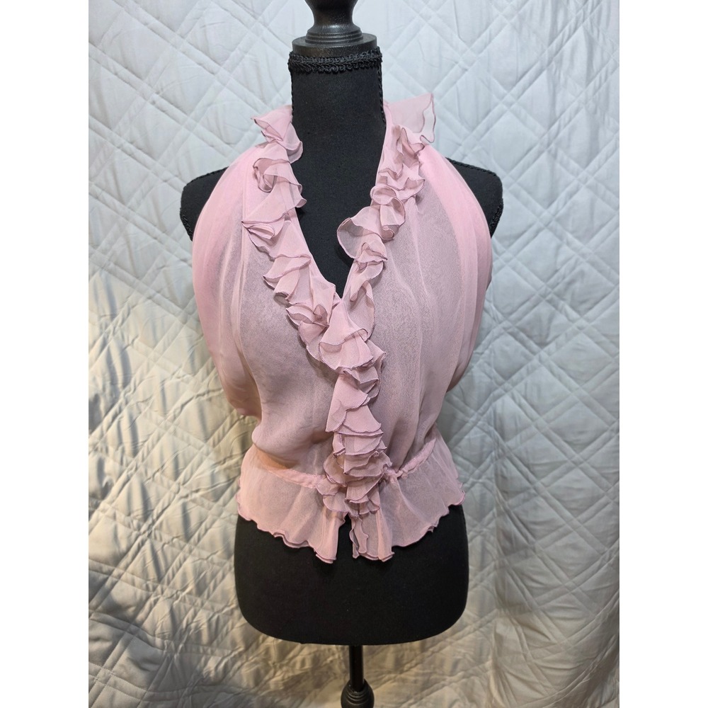 Vintage 70s 80s Sheer Pink Ruffle Halter Top Backless Chiffon Blouse Boho S/M